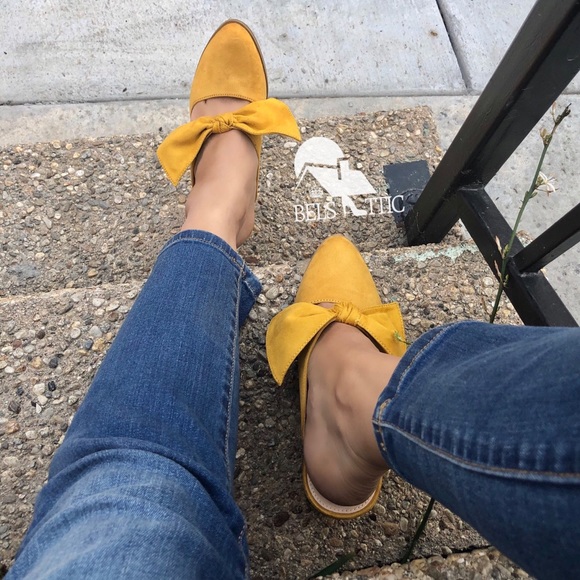 Mustard Stacked Leather Block Heel Bow Mule - Picture 4 of 8